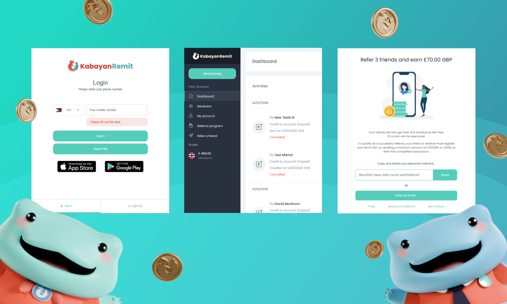 Refer a friend on the website Kabayan Remit web app screenshots for refer a friend