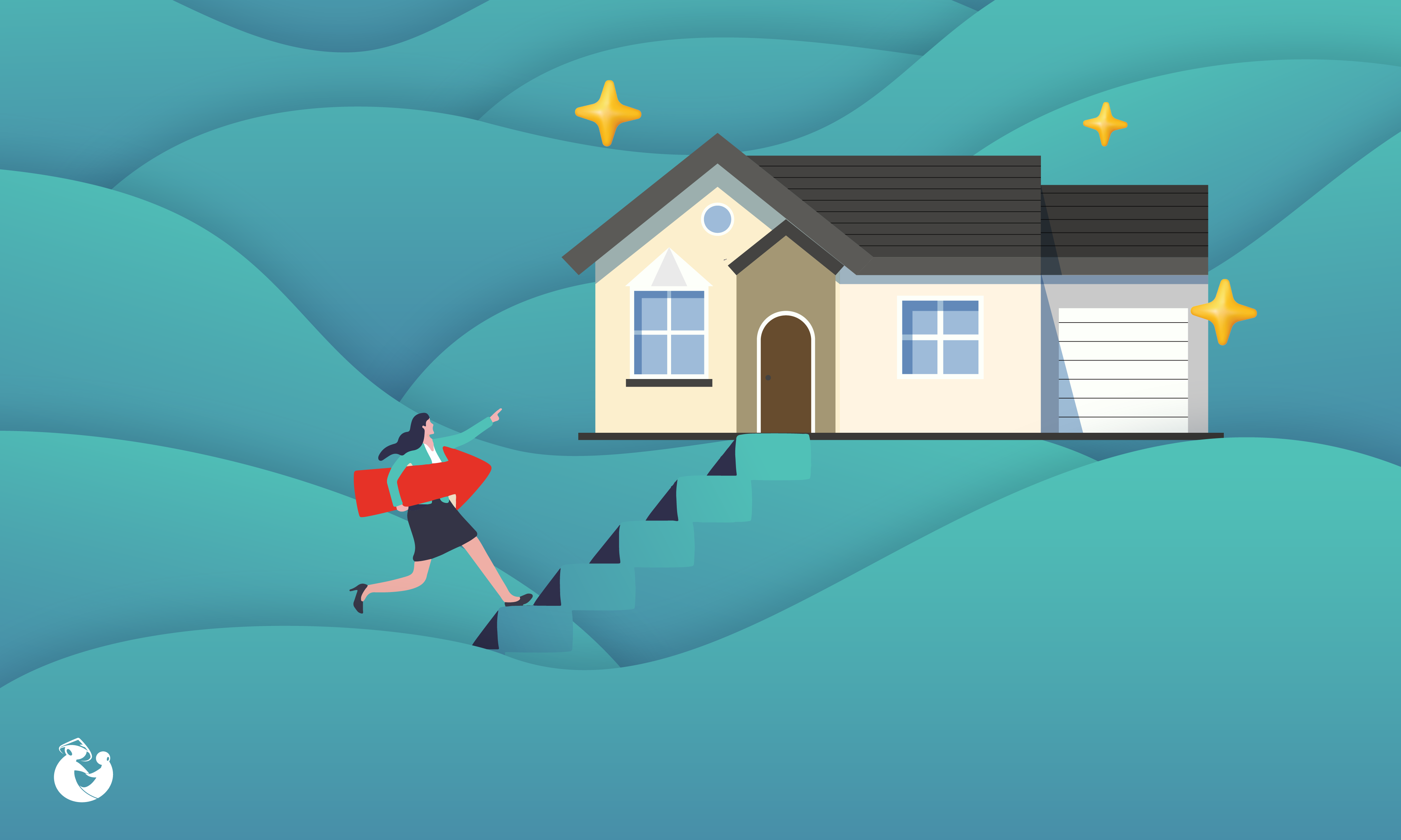 Illustration of a woman climbing a flight of stairs towards her dream home