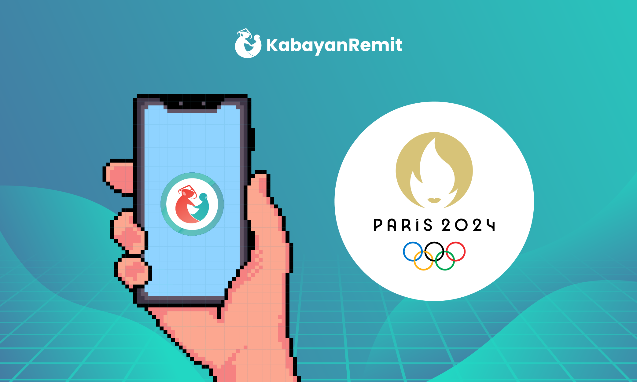 Illustration of a phone with the Kabayan Remit app and the 2024 Paris Olympics logo