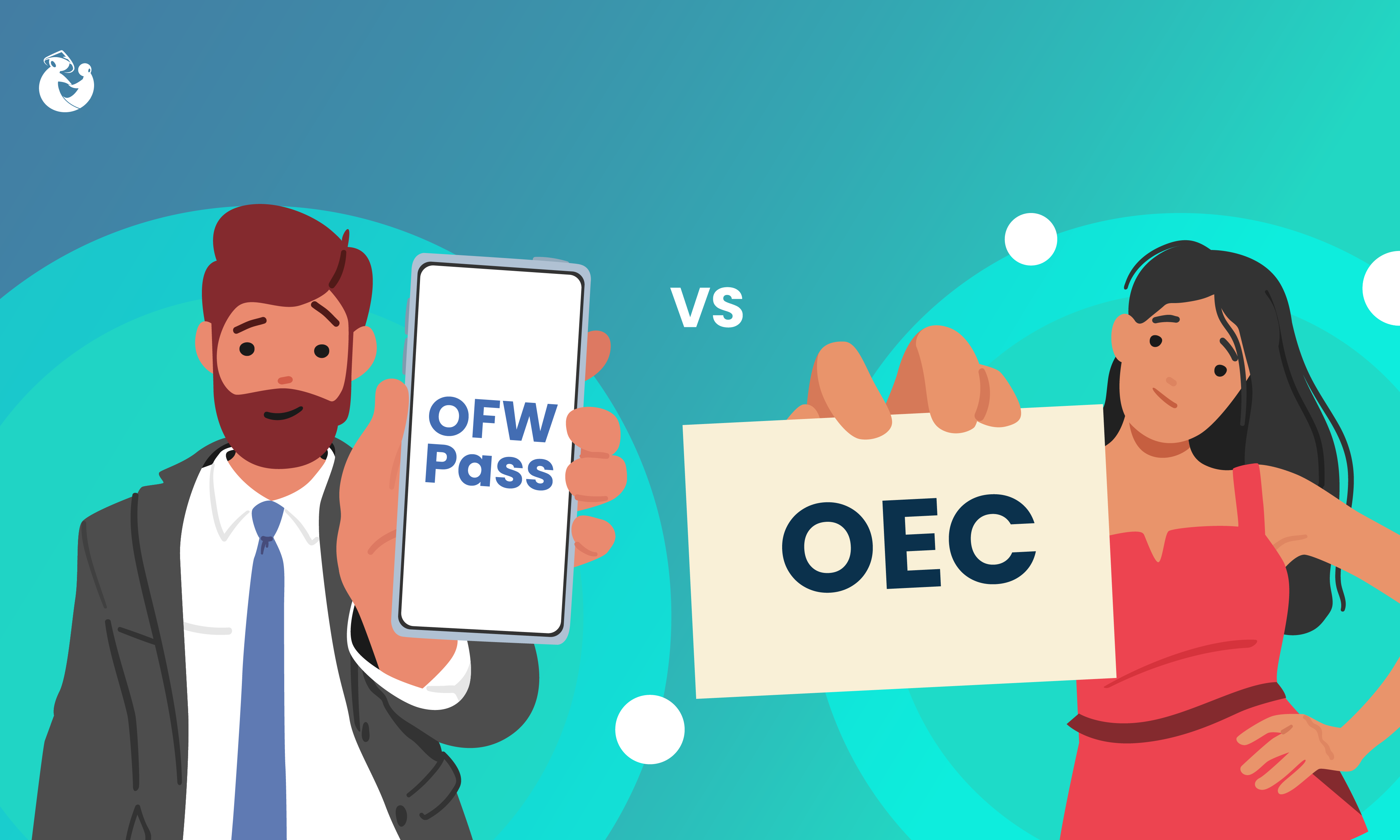 Illustrations of a person with an OFW Pass and another with an OEC