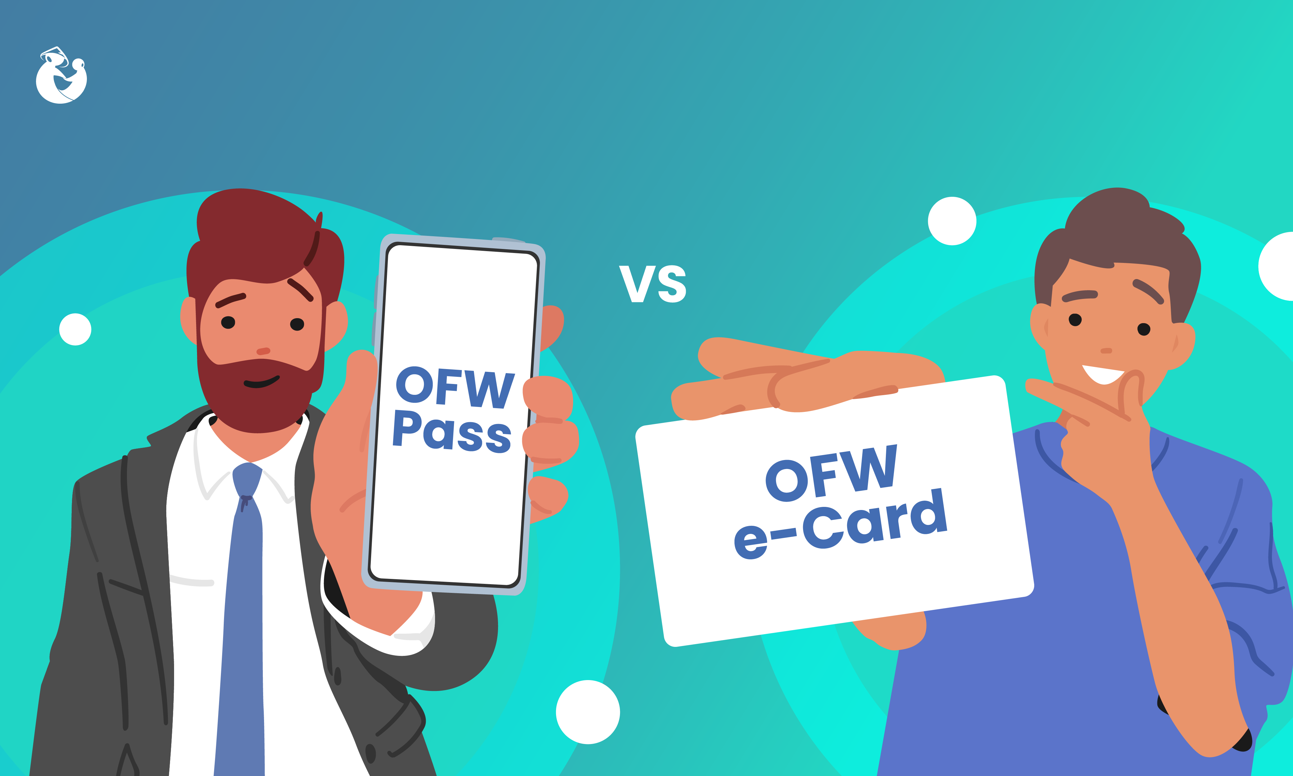 Illustrations of a person with an OFW Pass and another with an OFW e-Card