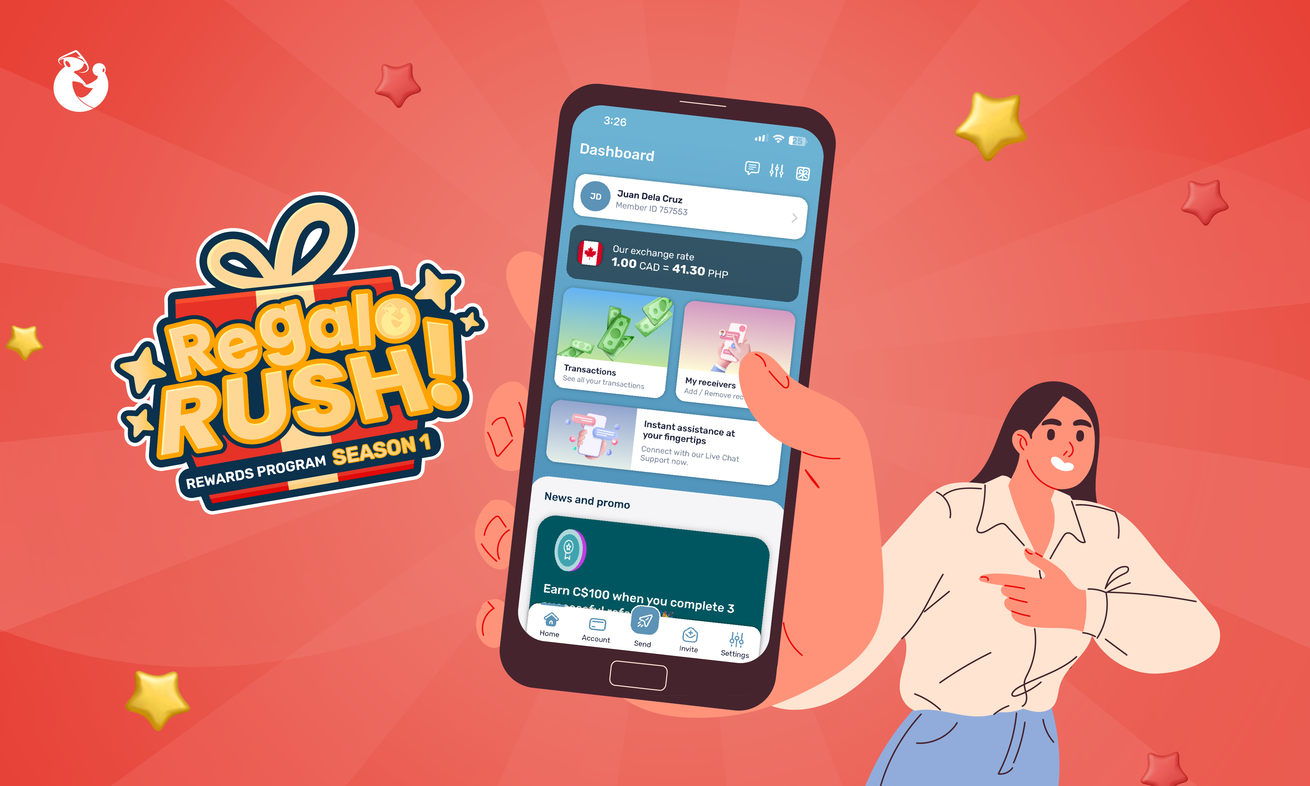 Regalo Rush logo and the Kabayan Remit app dashboard