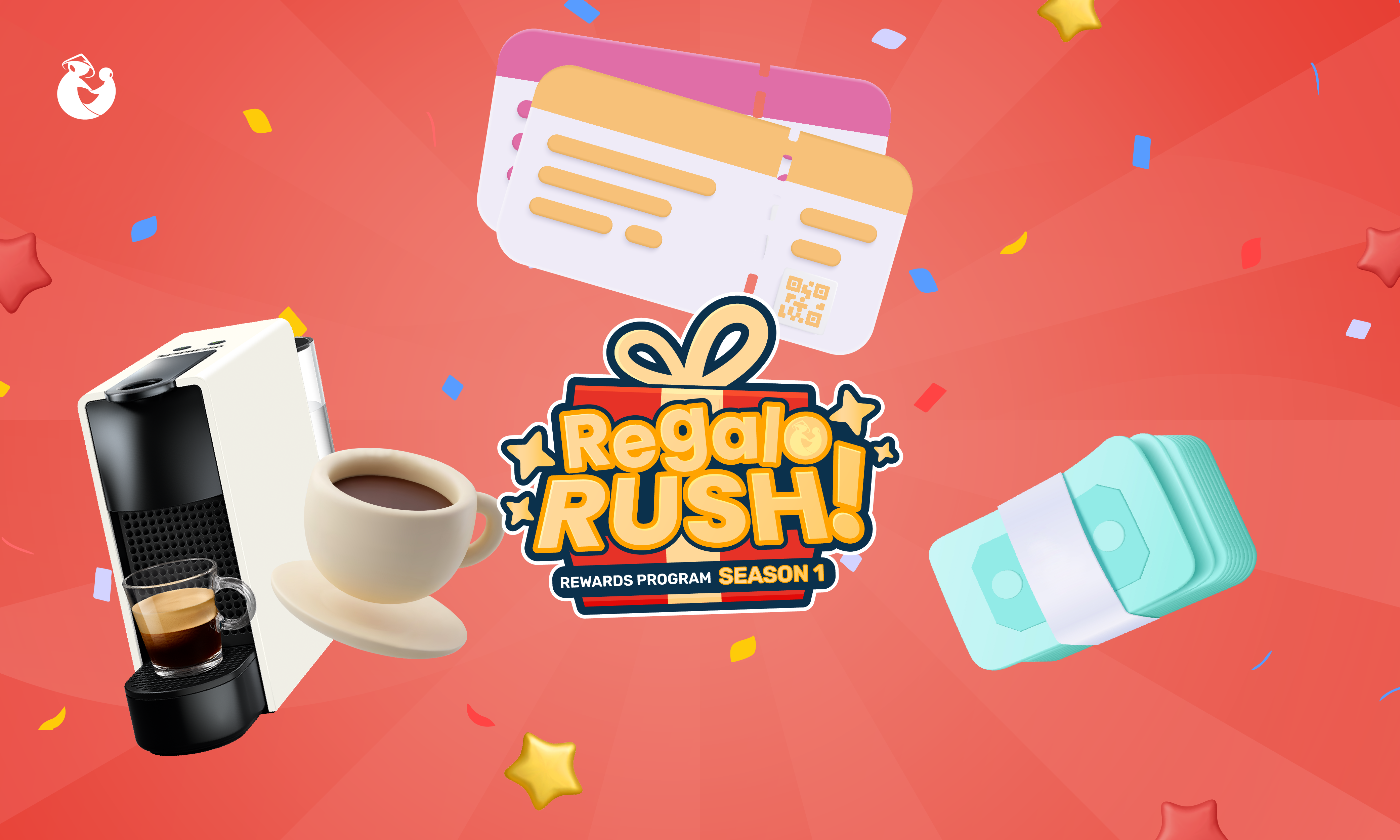 Regalo Rush logo and illustrations representing some of the raffle prizes, including a trip to the Philippines