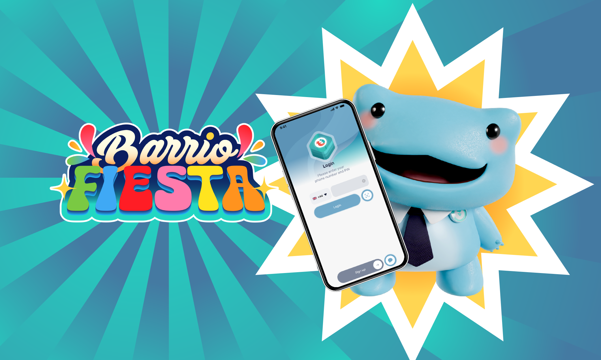 Catch us at Barrio Fiestas Richie holding a phone, beside Barrio Fiesta text