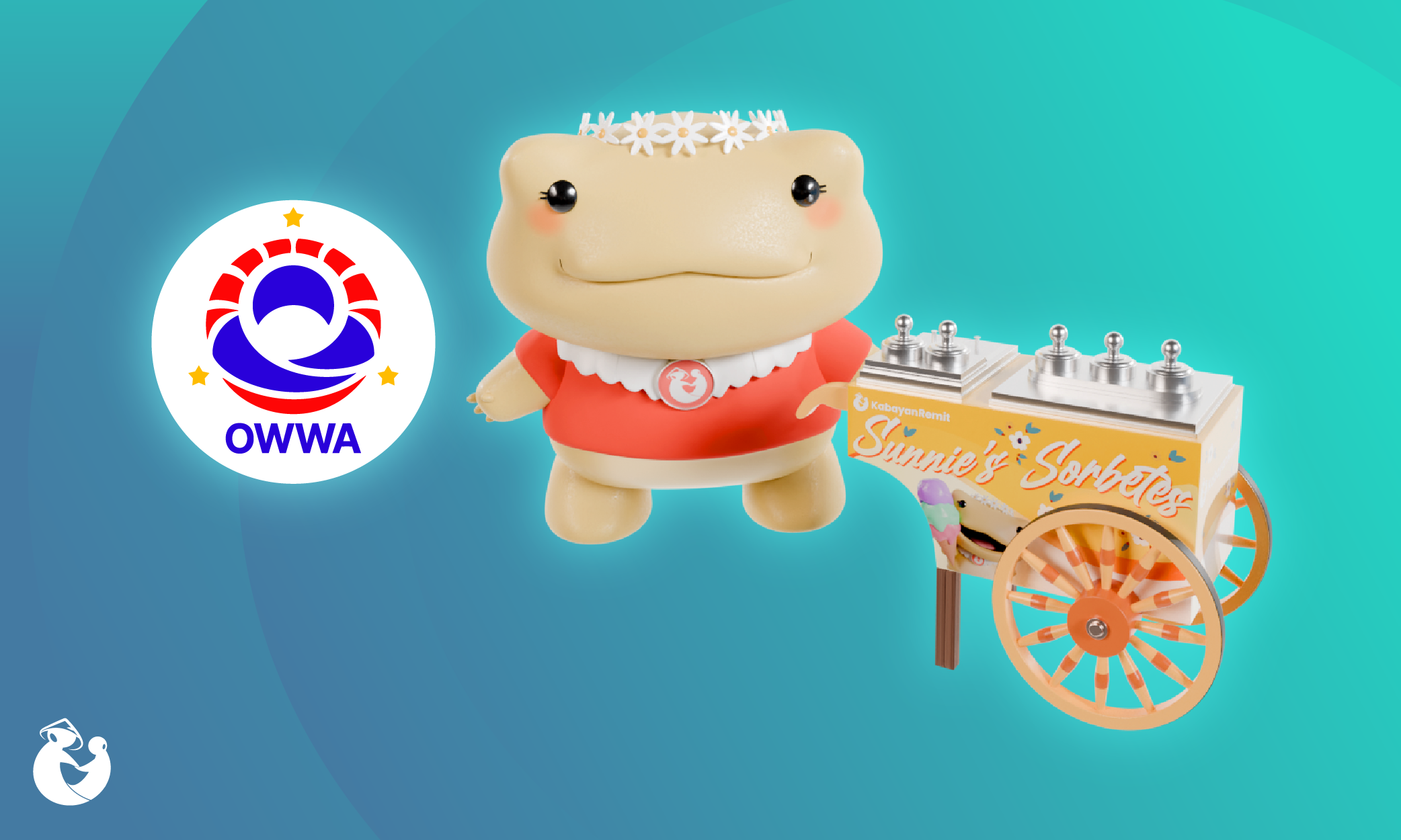 OWWA logo and Sunnie with her ice cream cart business