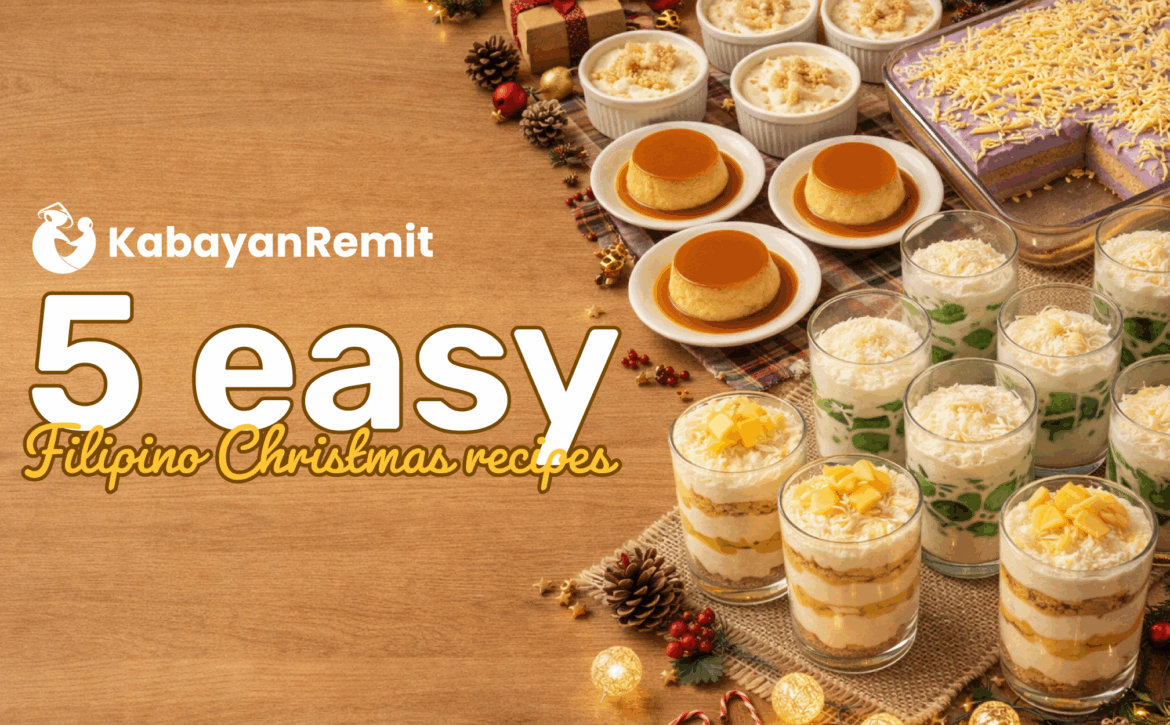 5 Easy Filipino Christmas Recipes title, featuring classic Pinoy desserts