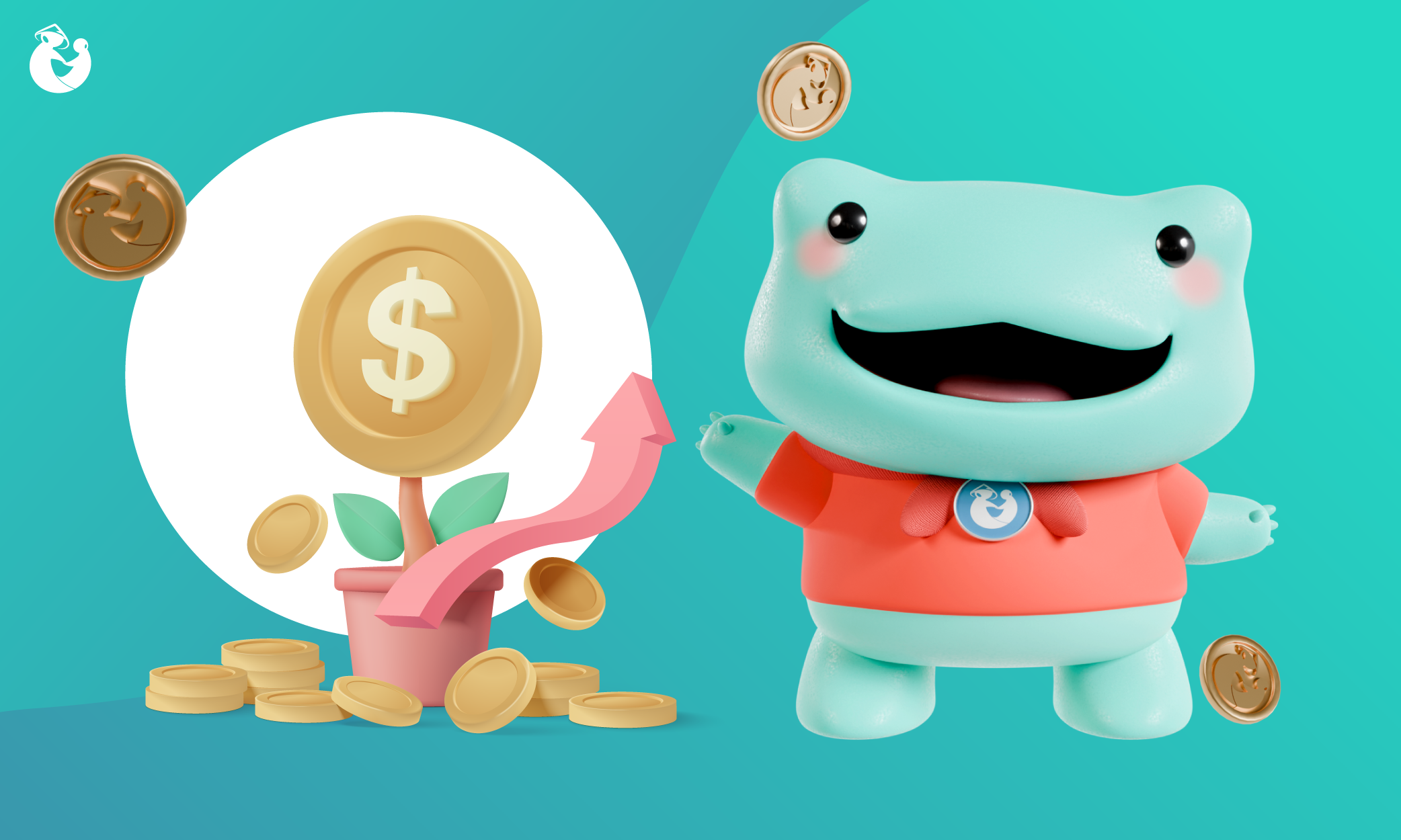 Remie beside a plant pot, with dollar coins.