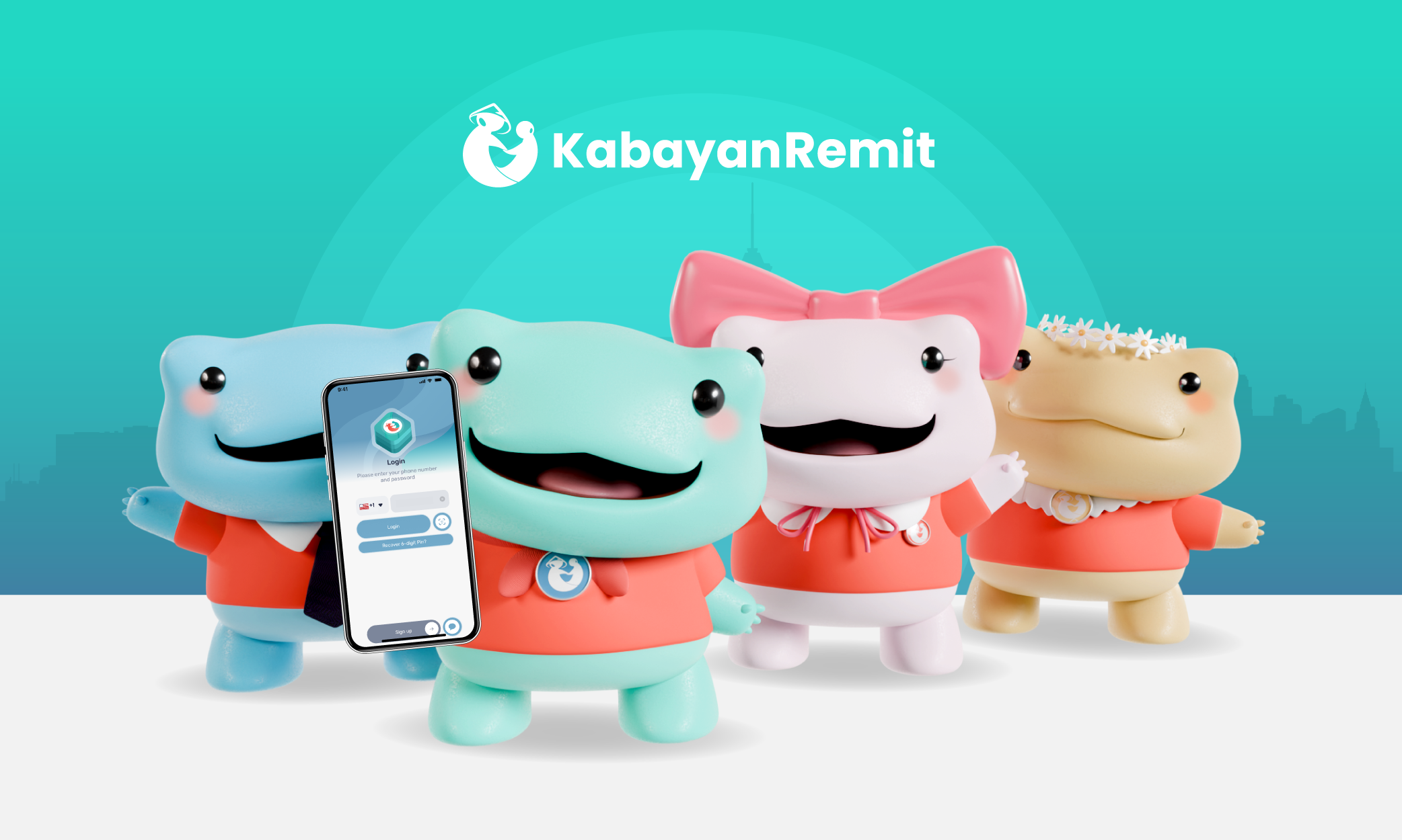 Remie holding a phone with Kabayan Remit on the screen.
