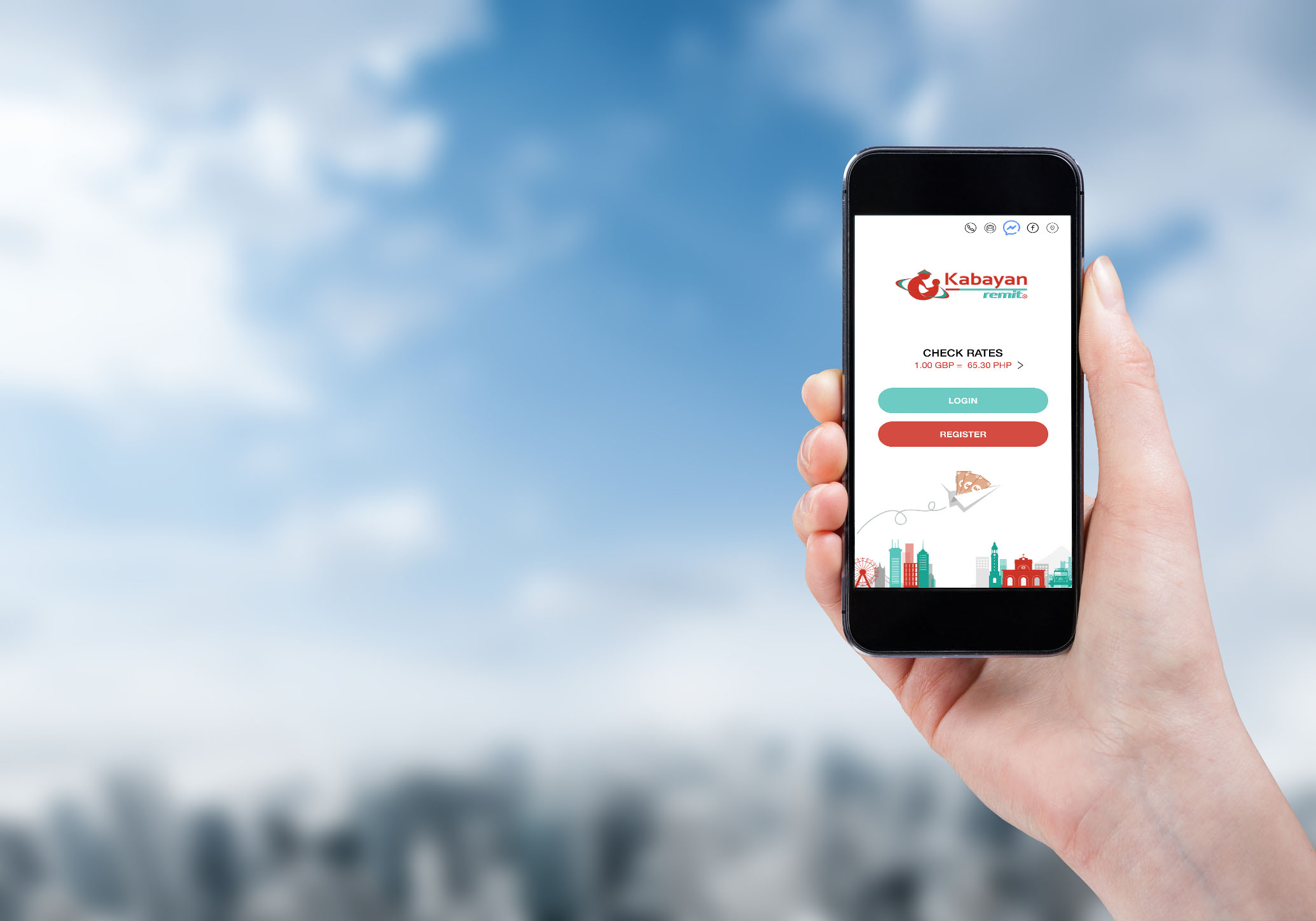 Hand holding up a phone that shows the Kabayan Remit mobile app.