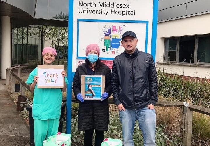 Kabayan Remit food distribution at North Middlesex University Hospital three nurses at North Middlesex University Hospital